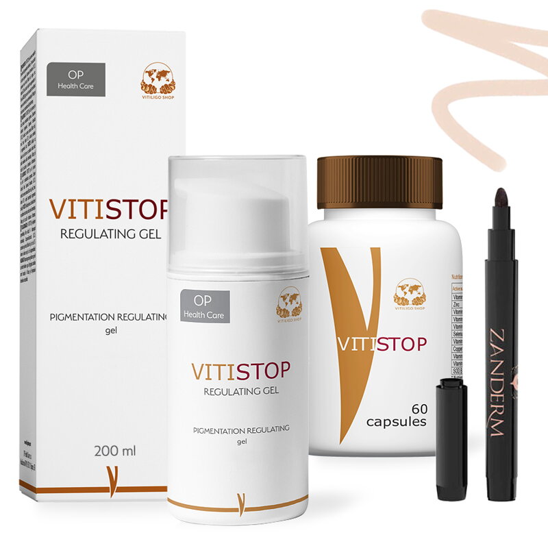 Vitiligo Starterpaket (200 ml Gel + 60 Tabletten + Zanderm-Concealer) Vitiligo Starterpaket (200 ml Gel + 60 Tabletten + Zanderm-Concealer)